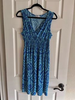Teal Blue Geometric Pattern Stretch Dress-Sz XL