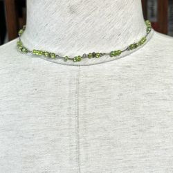 Silver Tone Green Beaded Dainty Necklace 