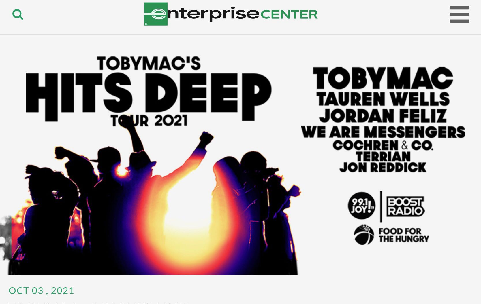 TobyMac Two Tickets Section 114 Row E Seats 7 & 8