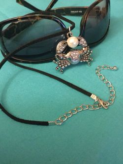 Large Crab pendant with crystals & glass pearl/ Fashion necklace with black Suede chain New Jewelry