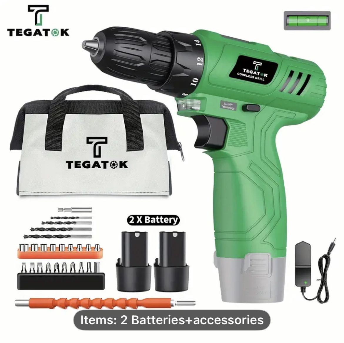 1set Tegatok Cordless Drill Set - Power Drill, Home Improvement 12V Cordless Drill With Battery And Charger, Electric Drill, 3/8-Inch Keyless Chuck An