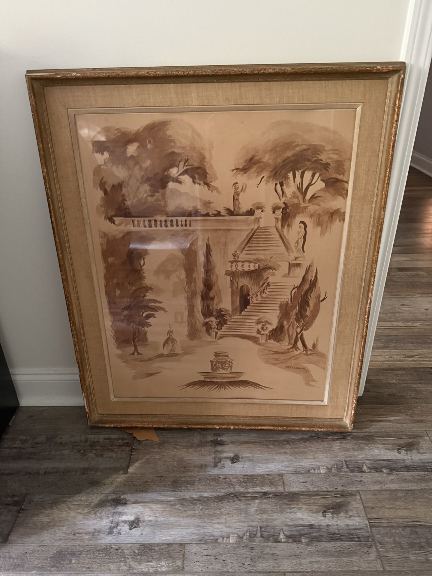 Vintage 1950s Art Lore Framed Sepia Architectural Print – “Le Grande Escalier” – By Simpson – Large Statement Piece