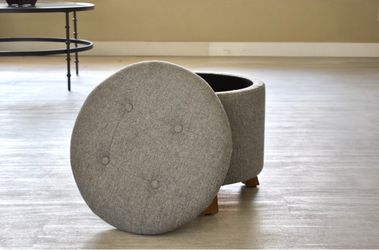 Round Tufted Storage Ottoman with Wood Legs