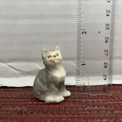 Mini Ceramic Grey & White Kitten Cat Figurine - 1 1/2" Tall 