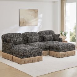 Target 100" Modular Leopard Print Chenille U-Shaped Sectional Sofa with 2 Ottomans and Fringe Trim Khaki