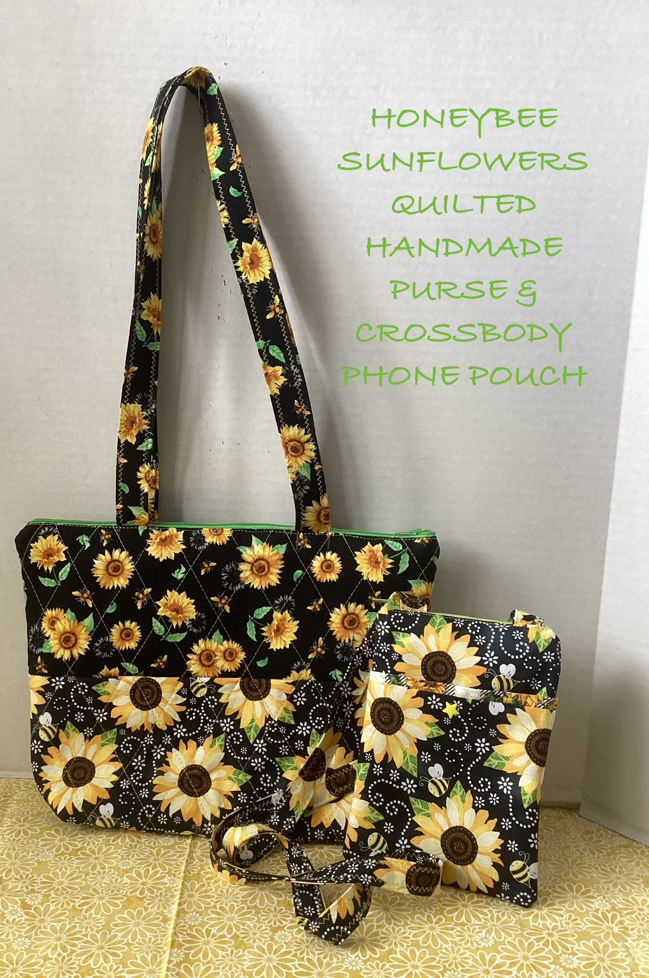 NEW HONEYBEE SUNFLOWERS QUILTED HANDMADE PURSE & CROSSBODY PHONE POUCH
