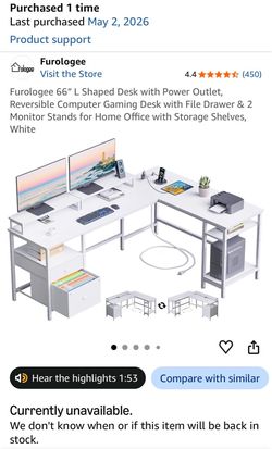 Furologee 66" L Shaped Desk with Power Outlet, Reversible Computer Gaming Desk with File Drawer & 2 Monitor Stands for Home Office with Storage Shelve