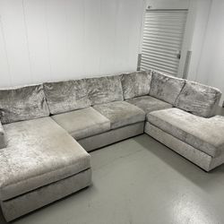 3 Piece Velvet Gray Sectional Sofa w/ Double Chaise Lounges