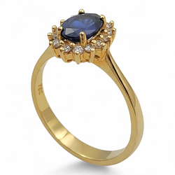 Estate Jewelry 18K Yellow Gold Halo Cluster Ring with Oval 0.83 Ct. Blue Sapphire. (Size 7.50)