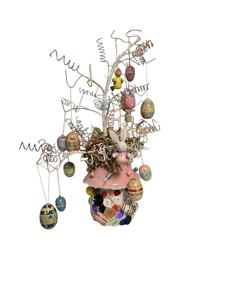 pink mushroom ceramic Easter tree with wooden oraments