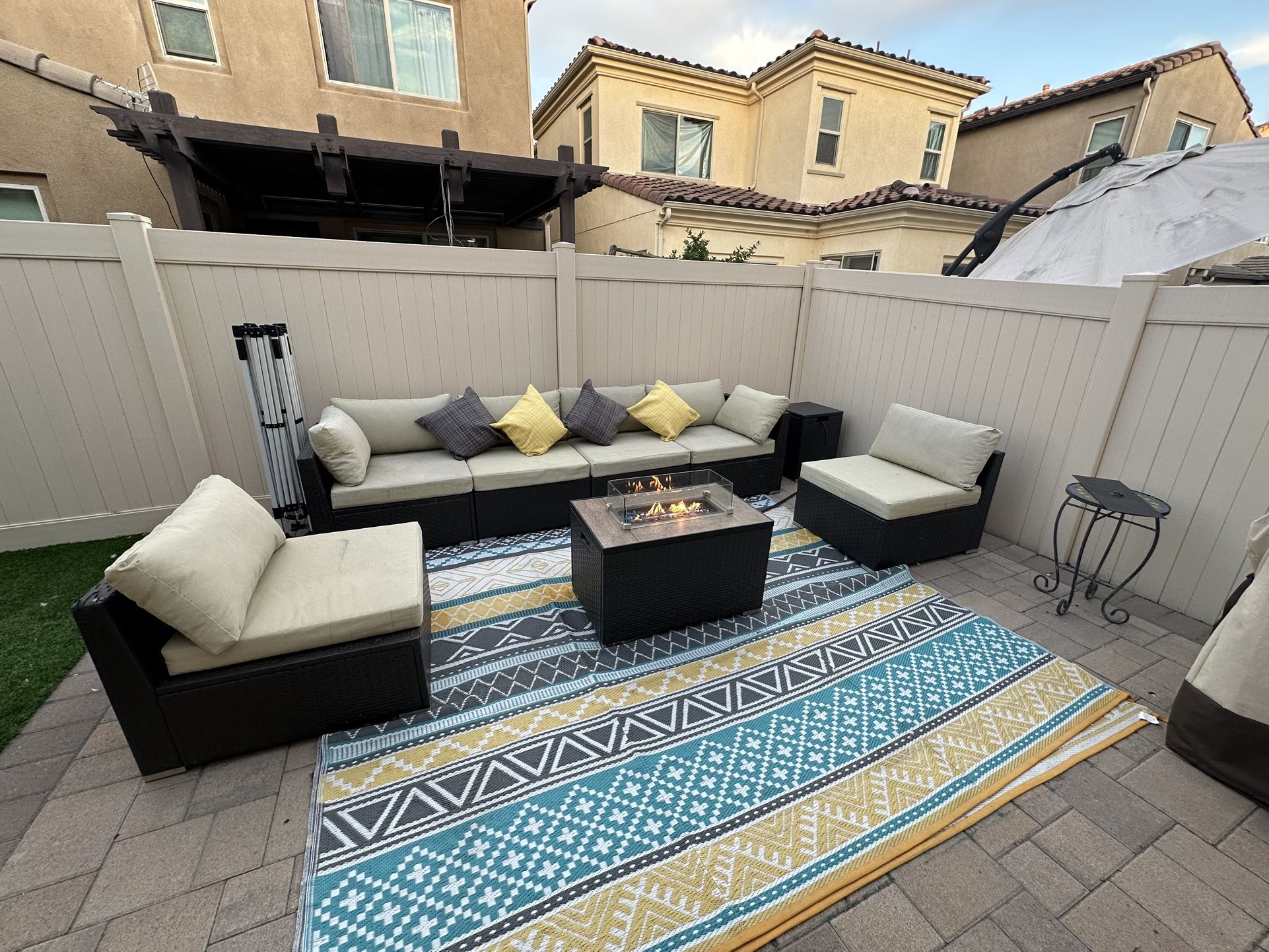 Outdoor Furniture with Firepit Table, Pillows, Outdoor Rig And Gas Tank
