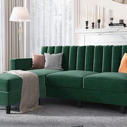 HONBAY Velvet Convertible Sectional Sofa, L Shaped Couch with Reversible Chaise for Small Apartment, Green 