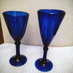 Two Hand Blown Bristol Blue Long Stem Glasses