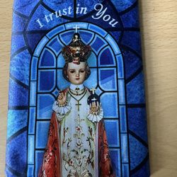 Blue Patterned Zipper Pouch with image of infant Jesus of Prague