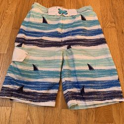 Boys Shark Swim Trunks Size M ( 8-10) Excellent, Mesh Liner, Drawstring 