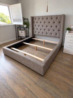 Upholstered Bed Frame with Tufted Wingback Headboard