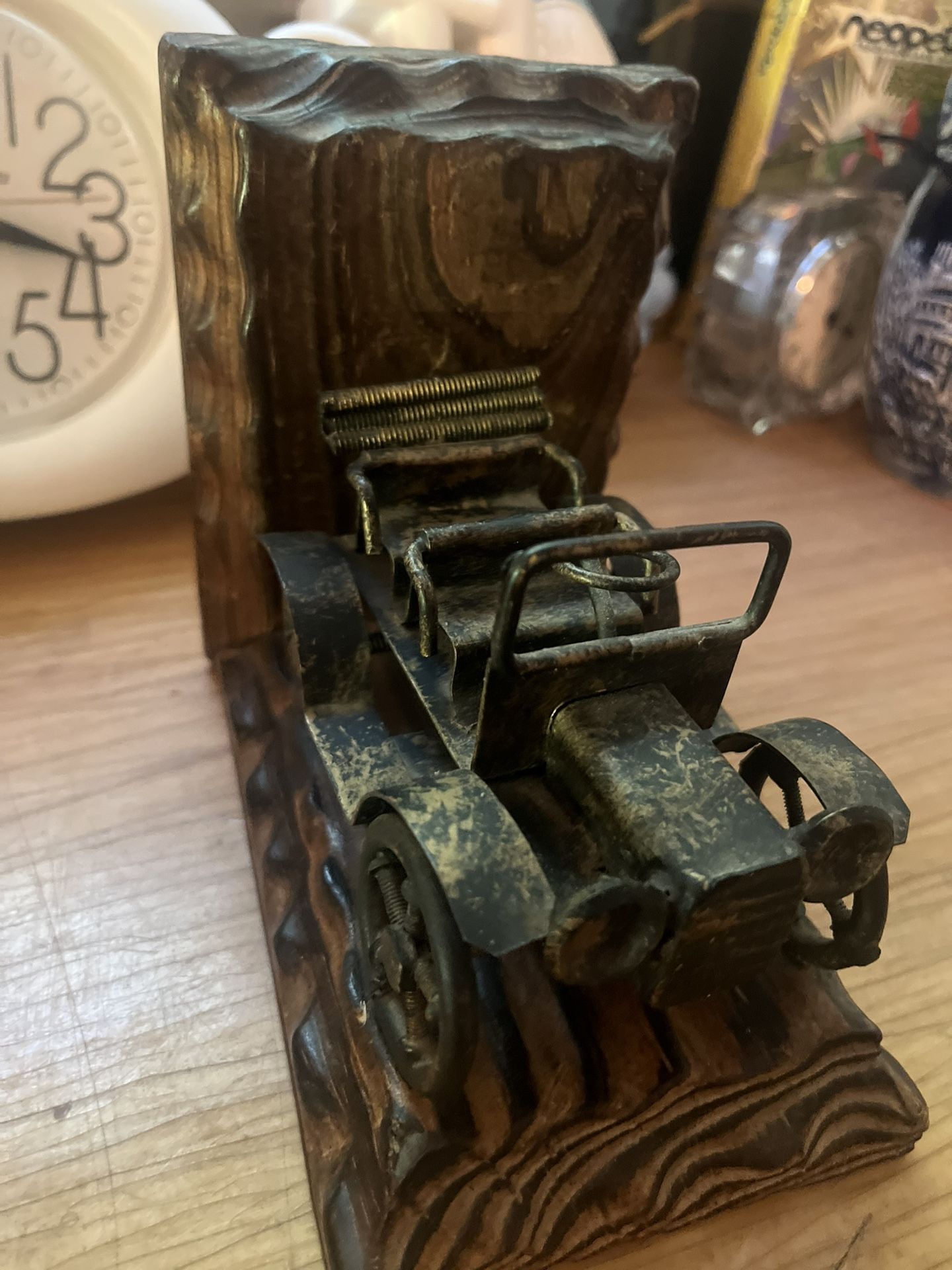  Antique Car Metal Wood Bookend Vintage  