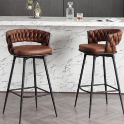 Modern Bar Stools Set of 2, 30" Bar Height Barstools, 180° Swivel Suede Fabric Stool Chairs with Woven Back and Footrest for Kitchen Island, Cafe, Pub