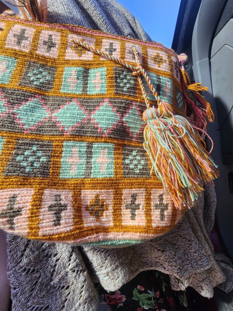 Wayuu Crochet Tote Bag, Woven Mochila, Colombian Tribal Bag, Beach Bag