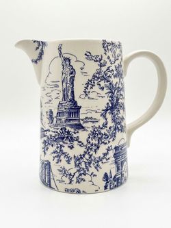 Signed Tiffany & Co. Blue and White New York City Toile Ceramic Pitcher