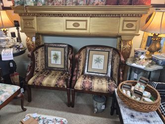 Pair of Ornate Wood Armchairs with Floral Upholstery