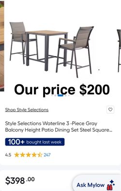 Style Selections Waterline 3 -Piece Gray Balcony Height Patio Dining Set Steel Square...