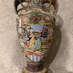 Antique Japanese Satsuma Moriage Vase with Handles