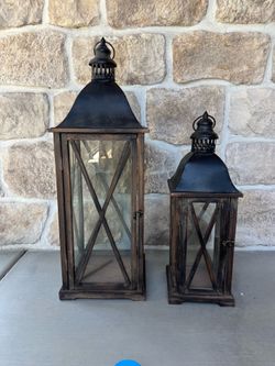 Large Rustic Farmhouse Lantern Set – Wood & Black Metal Candle Holders