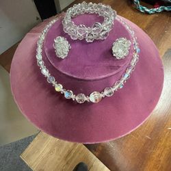 Antique Crystal Jewelry Set Necklace Bracelet Earrings 