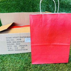 100 Pcs Gift Bags Red Color With Handles 
