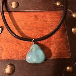 Black Leather Necklace With Turquoise Charm Pendant