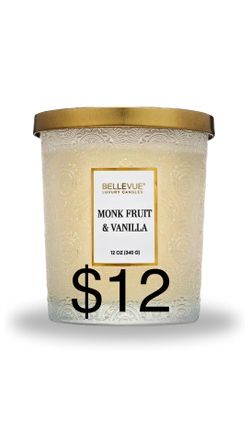 Luxury Candle | Monk Fruit & Vanilla Luxury Scented Candle – 12 oz | Soy Blend Wax | Dual Wick | Warm Sweet Home Fragrance | Embossed Glass Jar with M