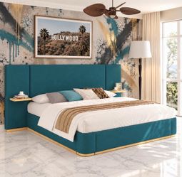 Queen Size Green Canary Modern Upholstered Platform Bed Frame.