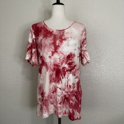 Chico's Boho Red White Jersey Knit Short Sleeves Tee, Sz Medium