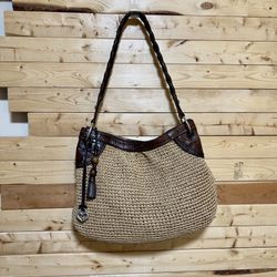 Brighton Tan Woven Straw Brown Croc Leather trim Braided strap Zip Shoulder Bag