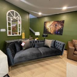 Green Velvet Sofa w/ Gold Metal Leg Traditional