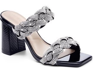 Black Rhinestone Block Heel Slide Sandals