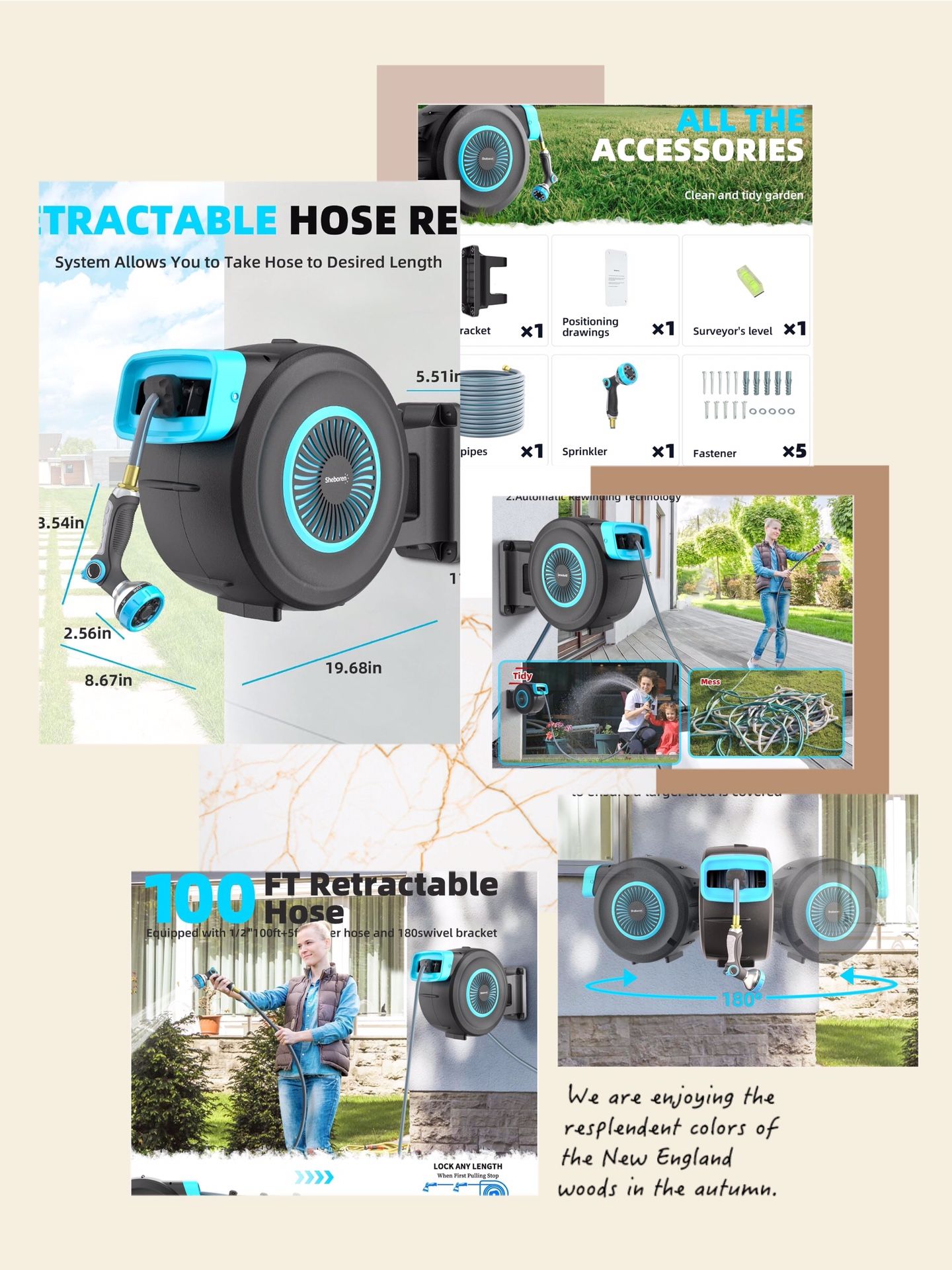 Sheboren Retractable Garden Hose Reel,1/2'' x 100FT+5FT Water Hose Reel Wall Mount,180 Deg Swivel Bracket, Any Length Lock, Automatic Rewind,9 Pattern