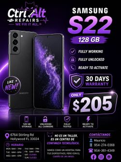 🔥 SAMSUNG S22 128GB 🔥
✅ Fully Unlocked ✅ Fully Tested ✅ Ready to Activate ✅ Excellent Condition ✅ 30-Day Warranty
💲 ONLY $205