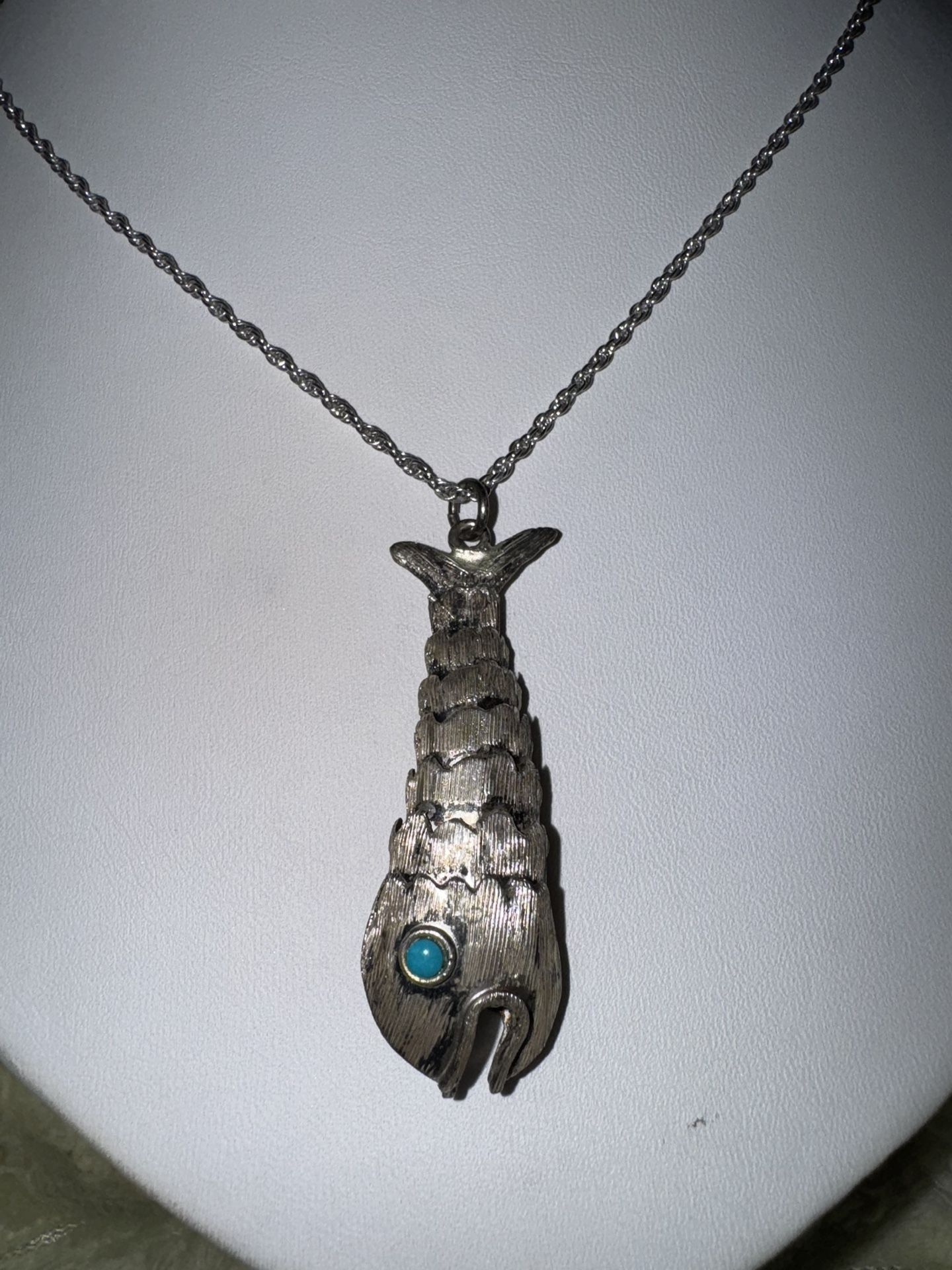 Vintage Taxco Sterling Silver & Turquoise Articulated Fish Pendant Necklace
