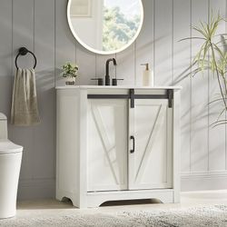 30 Inch Bathroom Vanity with Sink Combo, Farmhouse Bathroom Vanities with Sliding Barn Door & Metal Handle, Freestanding Single Sink Cabinet with Adju
