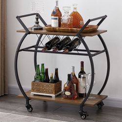 LVB Bar Cart with Wine Rack, 2 Tier Kitchen Cart on Wheels, Modern Wood and Metal Portable Coffee Cart Table for Home.