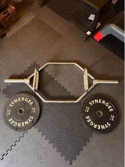 Olympic hex/trap bar and 2 Synergee Bumper Plates