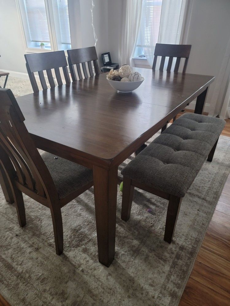 Wood Dining Set With Bench & 4 Chairs