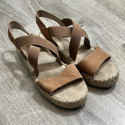 Nine West Women’s 6.5 Orange Tan Espadrille Strappy Leather Sandals Flats Open Toe