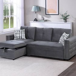Brand New Gray Velvet Convertible Sectional With Reversible Chaise (90" x 61" x 35"H)