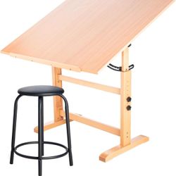 Wooden Drafting Table and Stool Set, 30" x 42" Adjustable Height and Angle Puzzle Art Drawing Table New Unassmebled