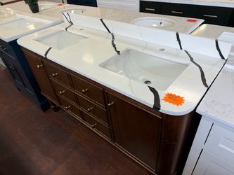 Collette 60 in. Double Sink Freestanding Bathroom Vanity in Cinnamon Oak with White Quartz Top  60 x 22"   $980