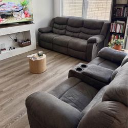  Comfy Grey Reclining Living Room Set – 3-Seater Sofa & Loveseat with Console (Minimal Wear)
