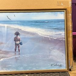 RARE VINTAGE ADOLF SEHRING FRAMED ART PRINT LITTLE GIRL ON THE BEACH (certificate of authenticity)